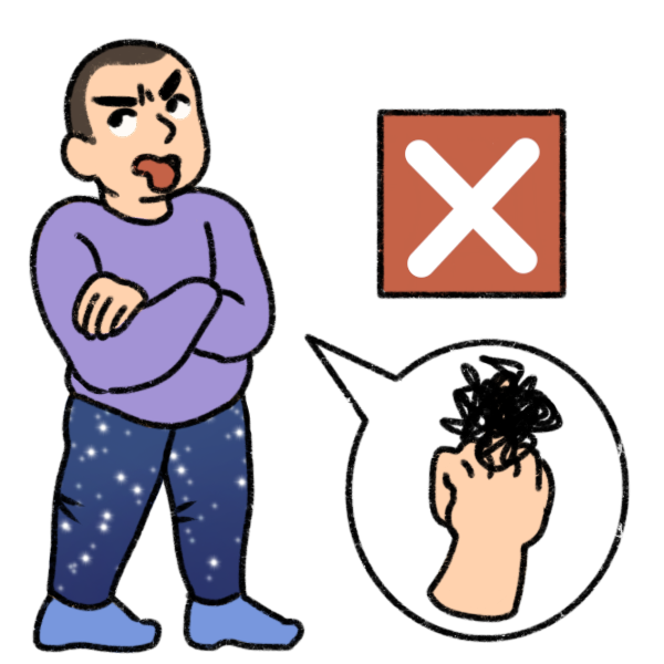 A person crossing their arms, rolling their eyes, and sticking out their tongue. Next to them is a speech bubble with a censored hand giving the middle finger, and a red X box. The person has pale skin and a dark buzzcut, and wears a purple shirt, star themed leggings, and blue socks.